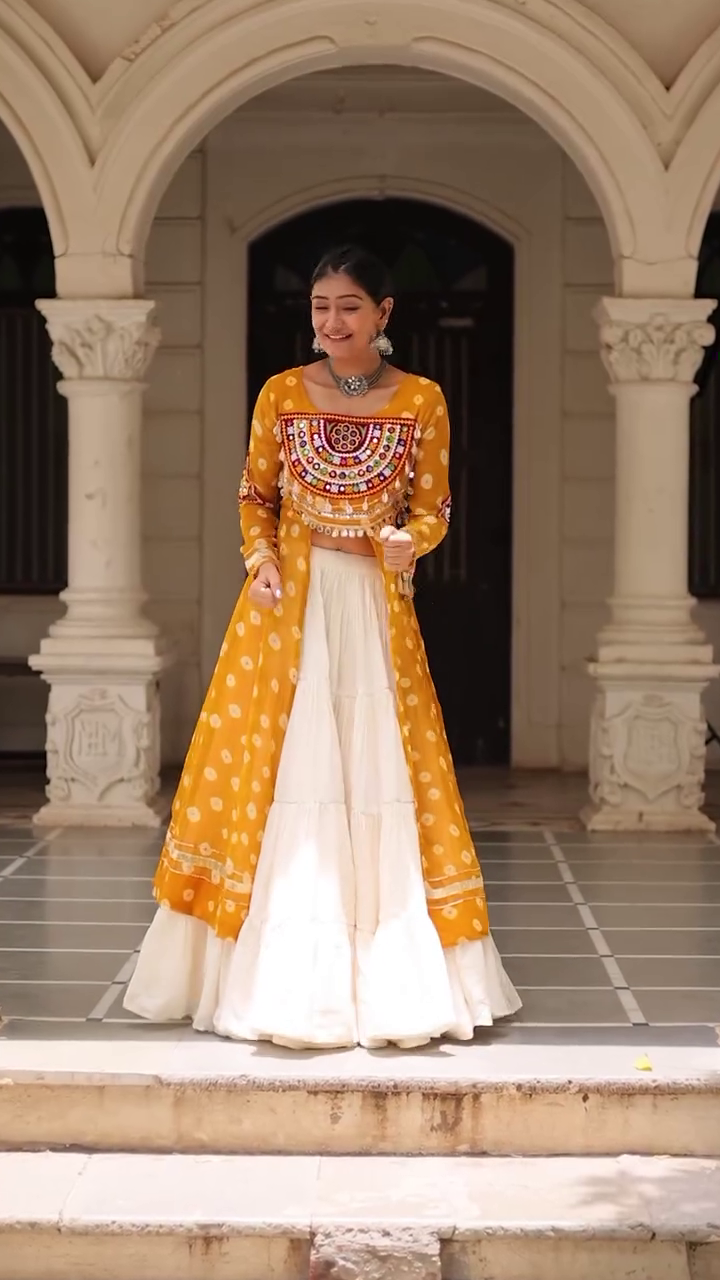 Traditional Kutchi Mirror Work Embroidered Pink Long Jacket with White Flared Lehenga – Navratri & Festive Special Ethnic Wear Set for Women - Image 5