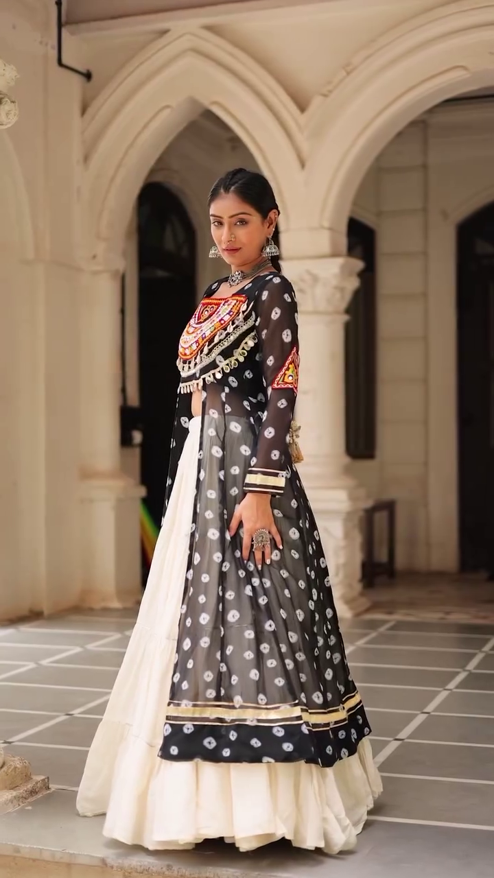 Traditional Kutchi Mirror Work Embroidered Pink Long Jacket with White Flared Lehenga – Navratri & Festive Special Ethnic Wear Set for Women - Image 4