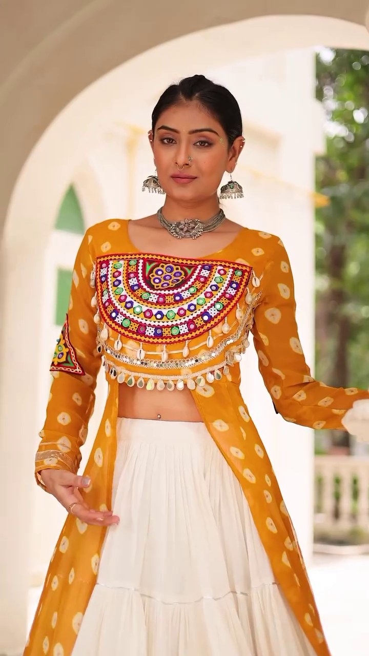 Traditional Kutchi Mirror Work Embroidered Pink Long Jacket with White Flared Lehenga – Navratri & Festive Special Ethnic Wear Set for Women - Image 3