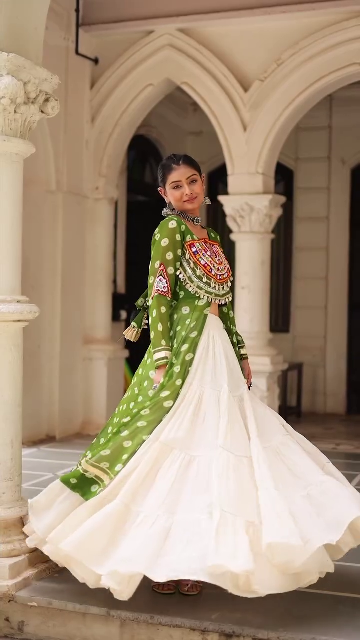 Traditional Kutchi Mirror Work Embroidered Pink Long Jacket with White Flared Lehenga – Navratri & Festive Special Ethnic Wear Set for Women - Image 2