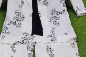 ✨ Monochrome Blossom Elegance: 3-Piece Floral Co-Ord Set with Inner & Shrug 🖤🤍🌿