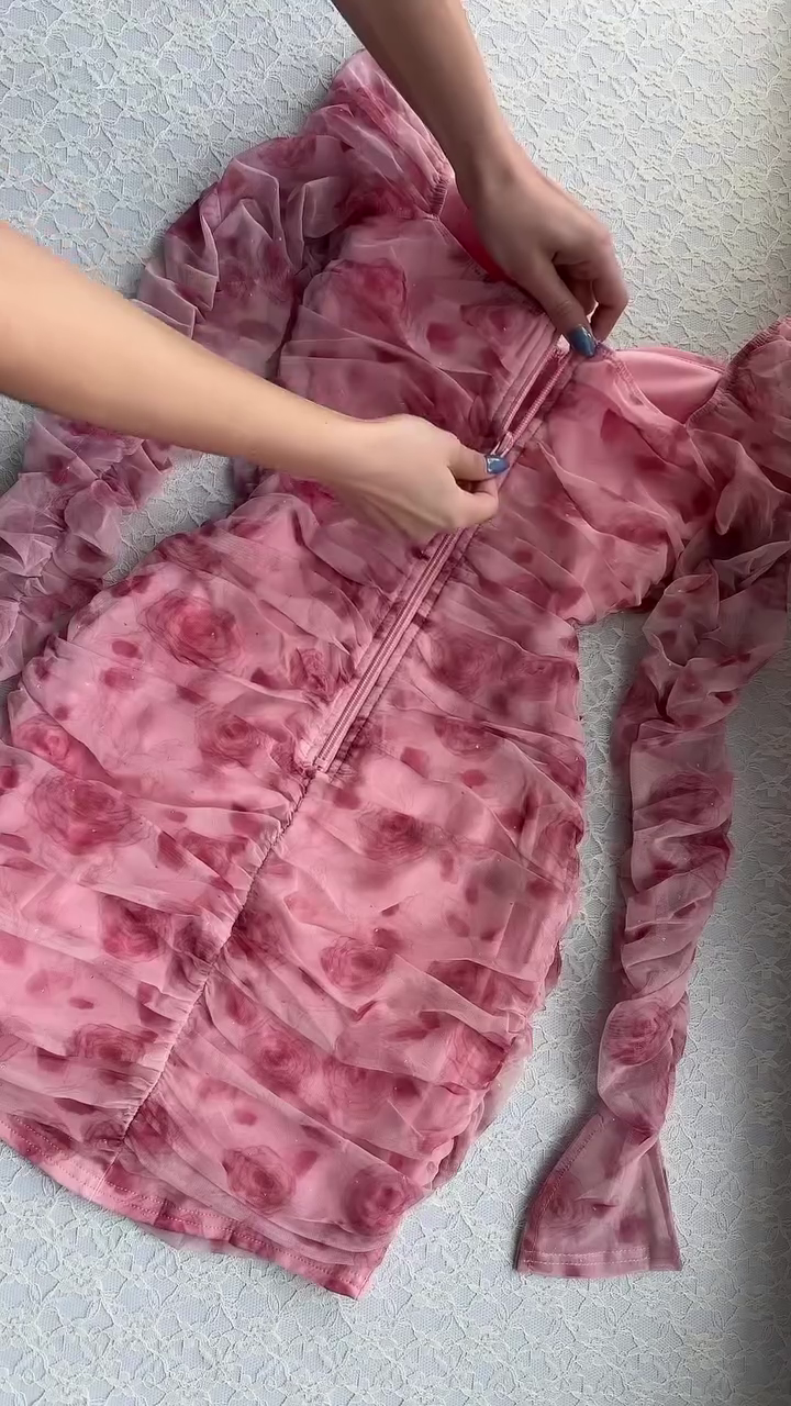 💞 Rosy Whispers Ruffle Dress – Dreamy Pink Floral Bodycon Elegance 🌷✨ - Image 4