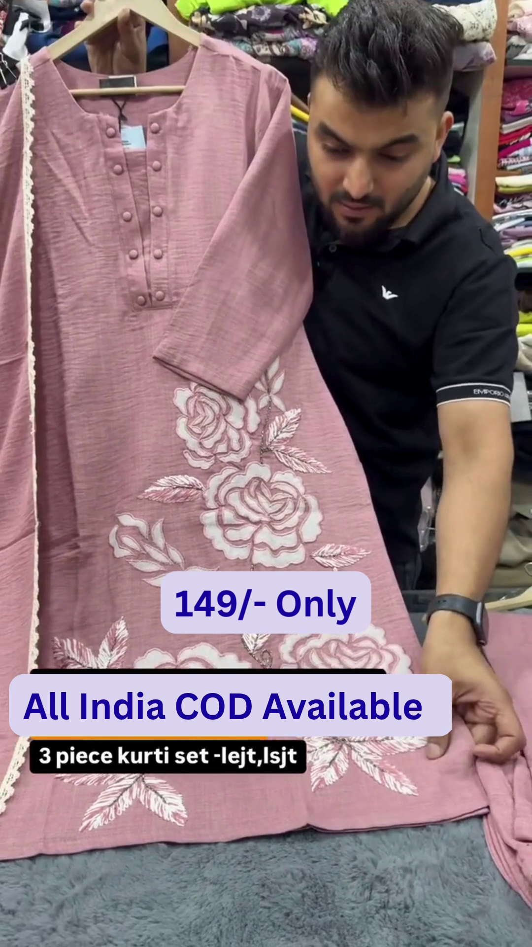 🌸 Elegant Rose Embroidered 3-Piece Kurti Set 🌸