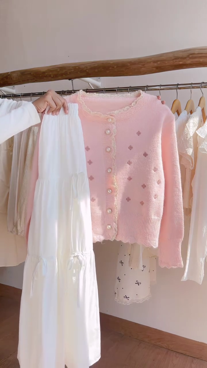🌸 Charming Pastel Pearl Cardigan & Elegant White Maxi Skirt Set 💕 - Image 3