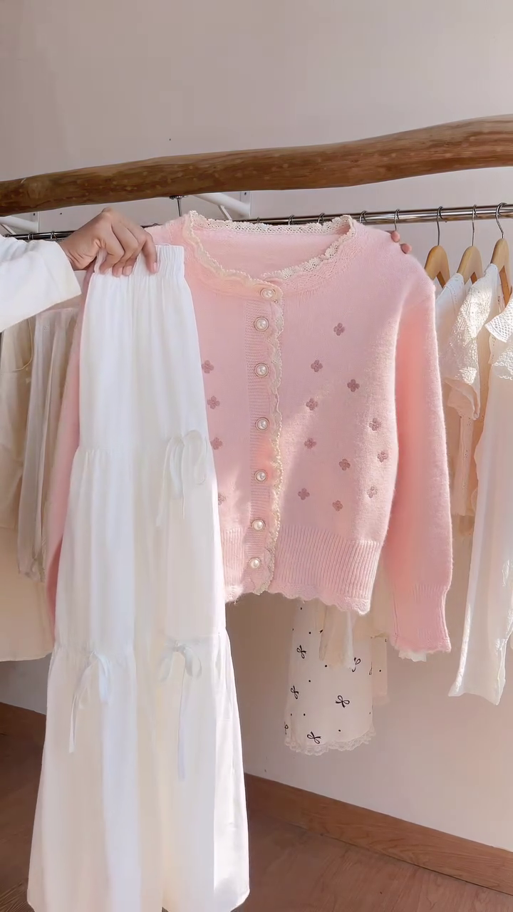 🌸 Charming Pastel Pearl Cardigan & Elegant White Maxi Skirt Set 💕