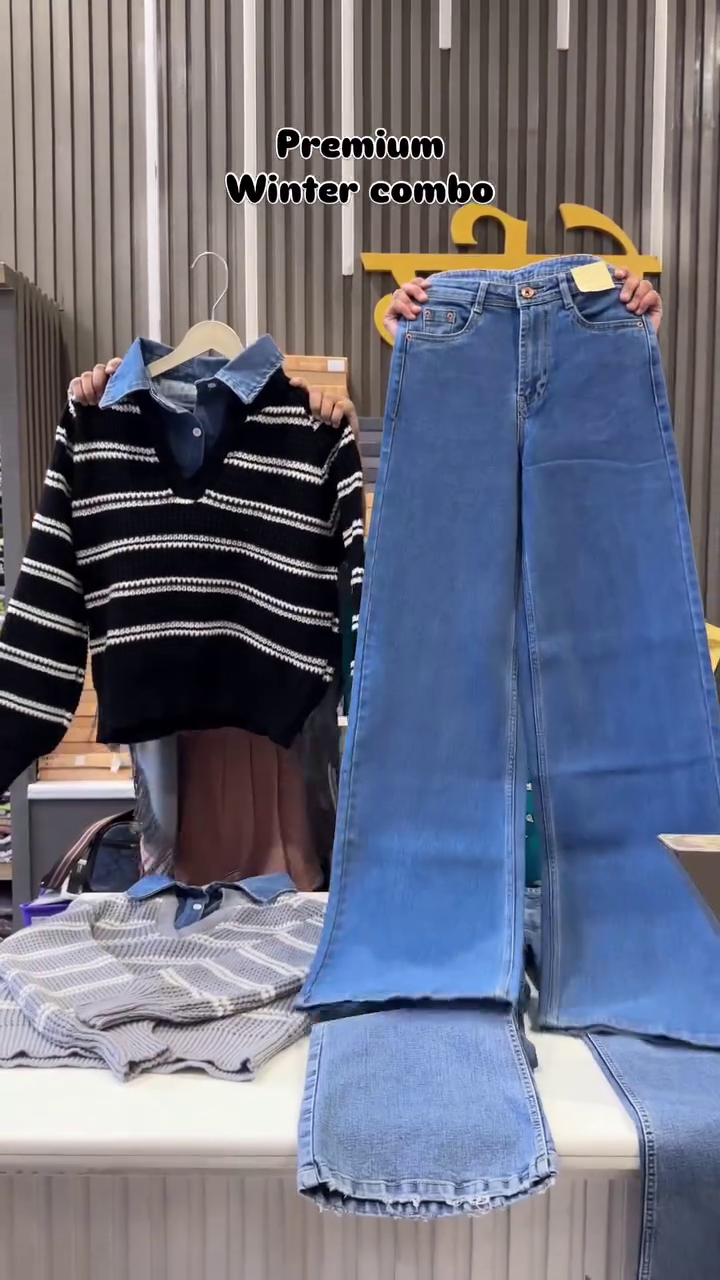 ⭐ Premium Winter Combo – Knitted Sweater + High-Waist Wide-Leg Jeans (XXS–XXL Available)