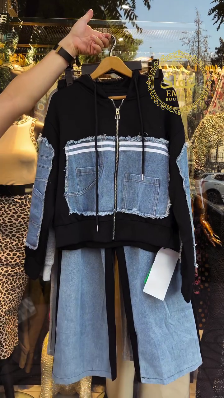 ✨ Denim Patchwork Premium Hoodie & Wide-Leg Jogger Co-ord Set (New Arrival) ✨