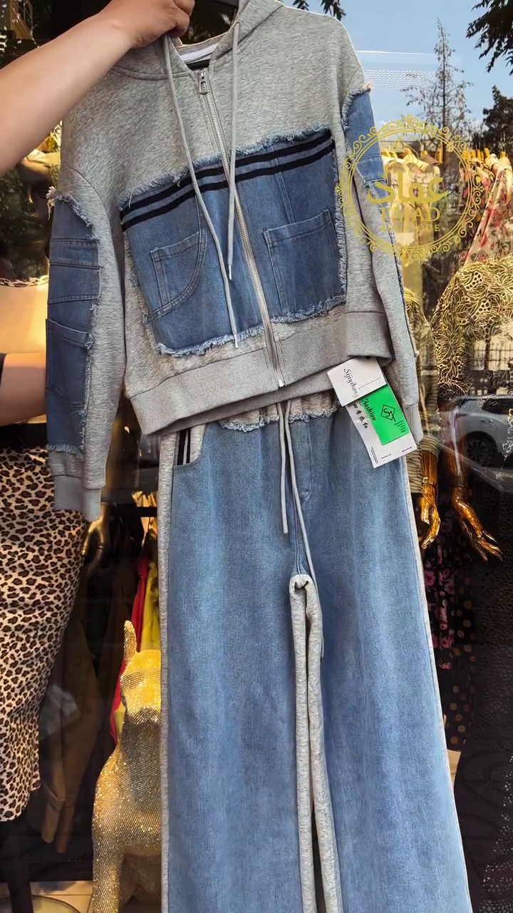 ✨ Denim Patchwork Premium Hoodie & Wide-Leg Jogger Co-ord Set (New Arrival) ✨ - Image 6