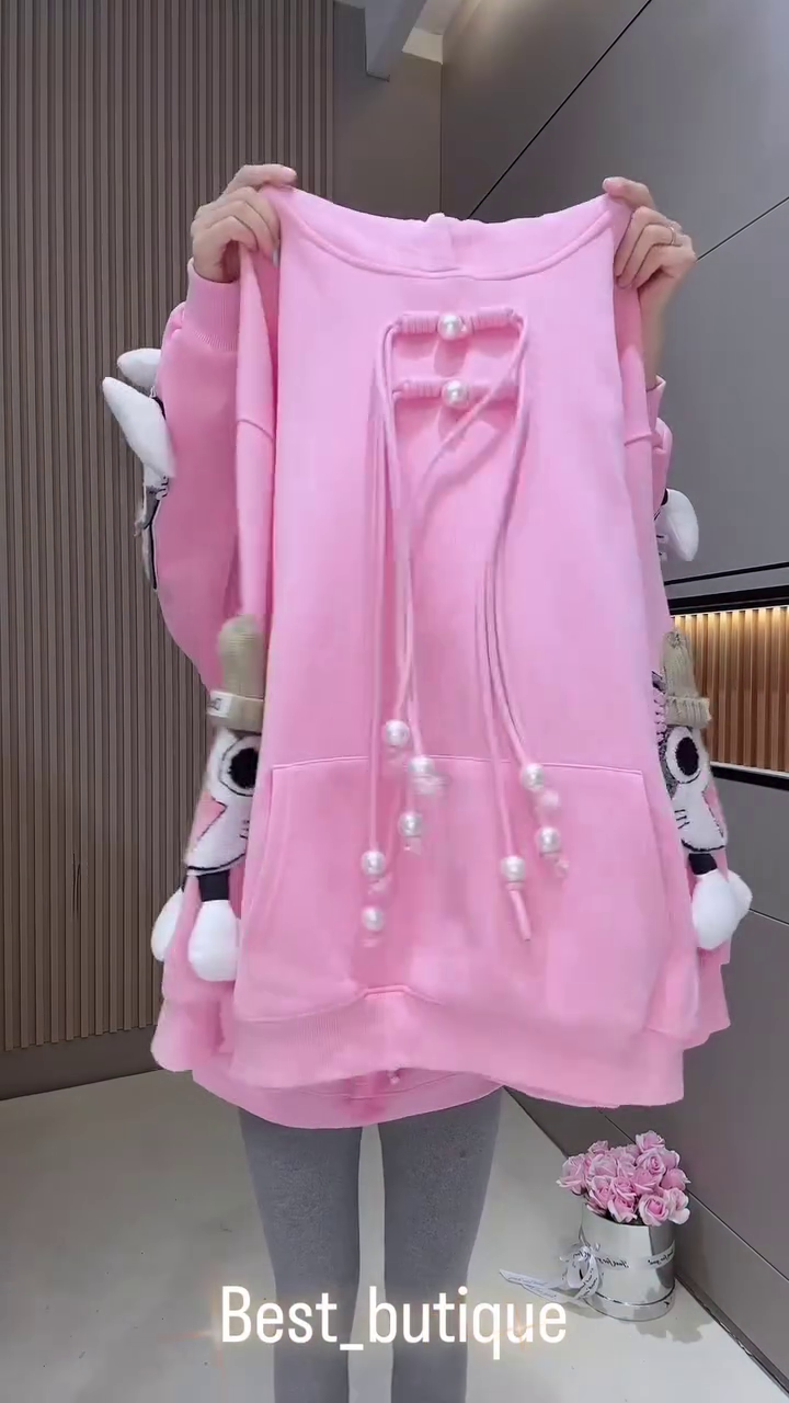 🎀 Cute Plush Kitty Oversized Hoodie for Girls – Winter Cozy Collection 🎀