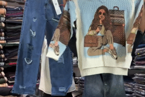 Paris Muse Printed Knit Top with Distressed Denim – Trendy Casual Combo ✨👖👜