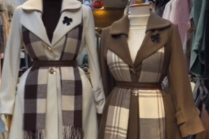 Timeless Winter Elegance – Women’s Belted Coats with Plaid Panels & Matching Scarves