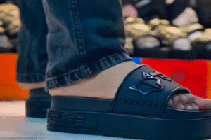 Bold Comfort, Elevated Style – Black Platform Slides with Logo Emblem