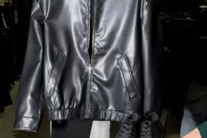 Urban Edge Redefined – Black Faux Leather Bomber Jacket with Shirt Collar, Trousers & Shoes Combo