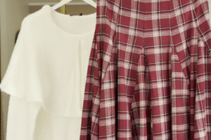 Chic & Comfy – Elastic Waist Solid Plaid Pleated Long Skirt with T-Shirt Combo