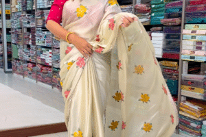 🤍 Off-White Rangoli Silk Saree with Floral Embroidery & Sequin Work – Elegant & Timeless 🤍