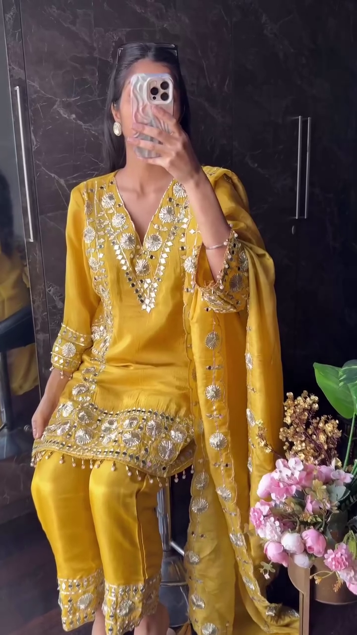 💛 Yellow Gotta Mirror Premium Crepe Tissue Suit Set – Elegant, Festive & Timeless 💛 - Image 3