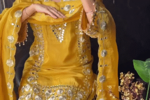 💛 Yellow Gotta Mirror Premium Crepe Tissue Suit Set – Elegant, Festive & Timeless 💛