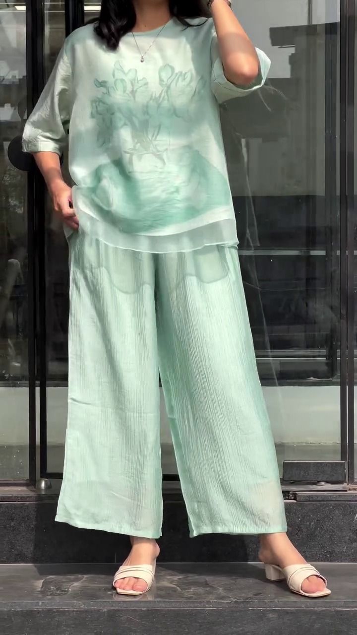 💎 Luxe Elegance: Teal Silk & Tussar Embroidered Collared Ginkgo Crushed Shirt and Pant Set 💎