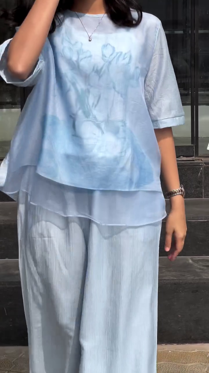 💎 Luxe Elegance: Teal Silk & Tussar Embroidered Collared Ginkgo Crushed Shirt and Pant Set 💎 - Image 3