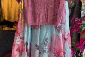 🌸 Sweet & Stylish: Dusty Rose Knit Top with Light Blue Floral Skirt Set 🌸