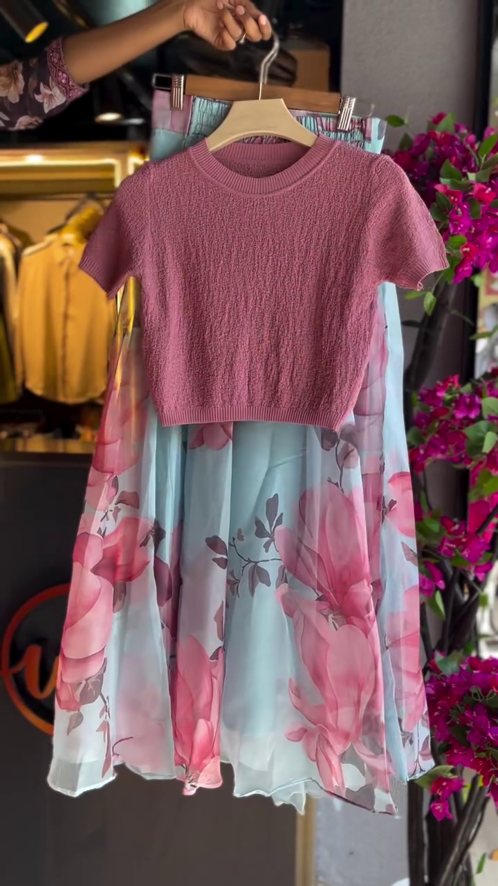 🌸 Sweet & Stylish: Dusty Rose Knit Top with Light Blue Floral Skirt Set 🌸