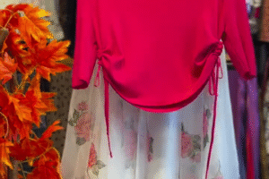 🌸 Elegant & Playful: Pink Organza Top with White Floral Skirt Set 🌸