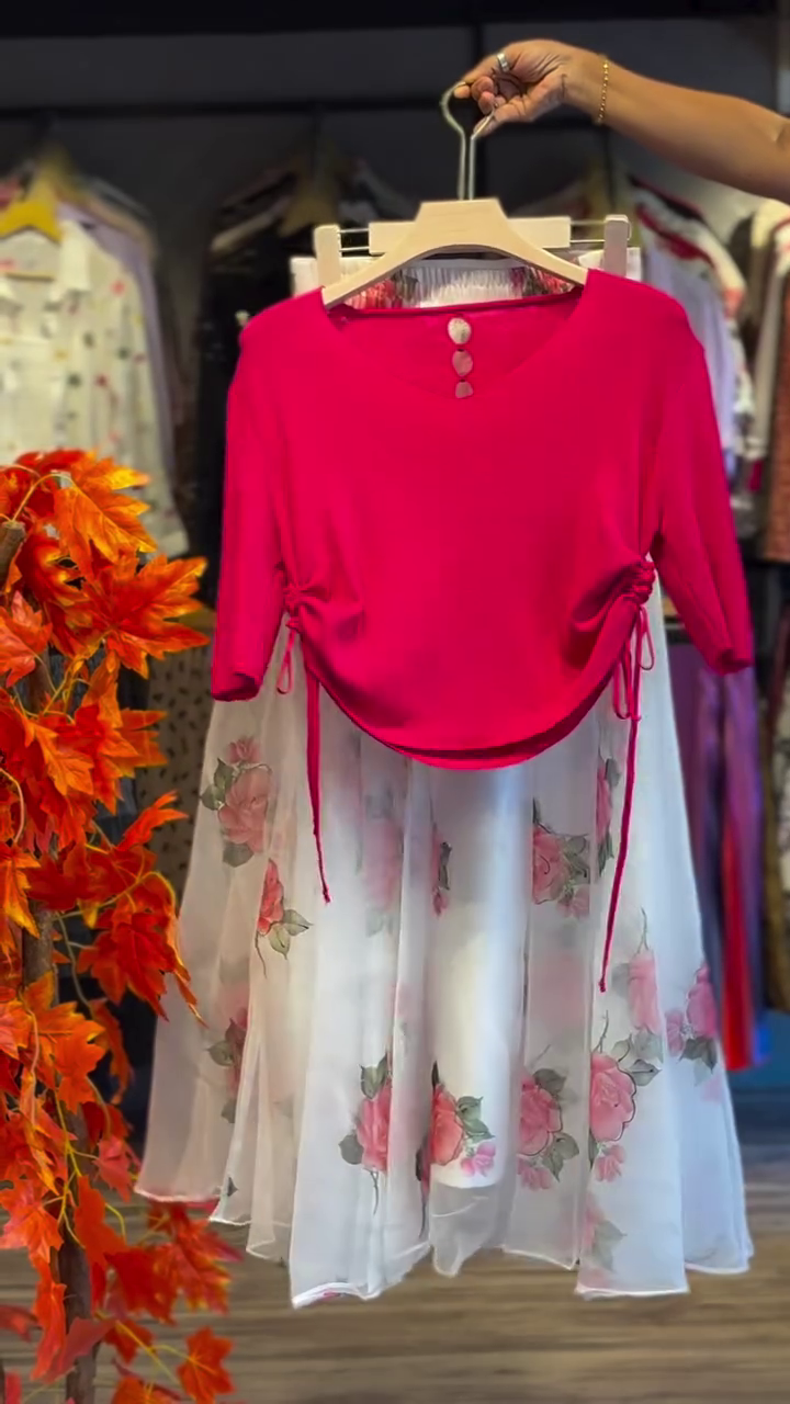🌸 Elegant & Playful: Pink Organza Top with White Floral Skirt Set 🌸