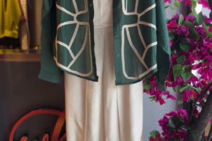 💚 Fresh & Stylish: Green Embroidered Button-Down Top with White Jumpsuit Co-Ord Set