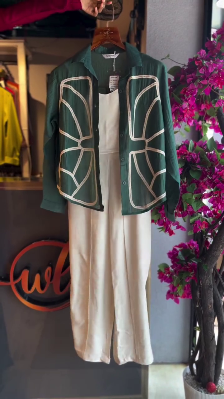 💚 Fresh & Stylish: Green Embroidered Button-Down Top with White Jumpsuit Co-Ord Set