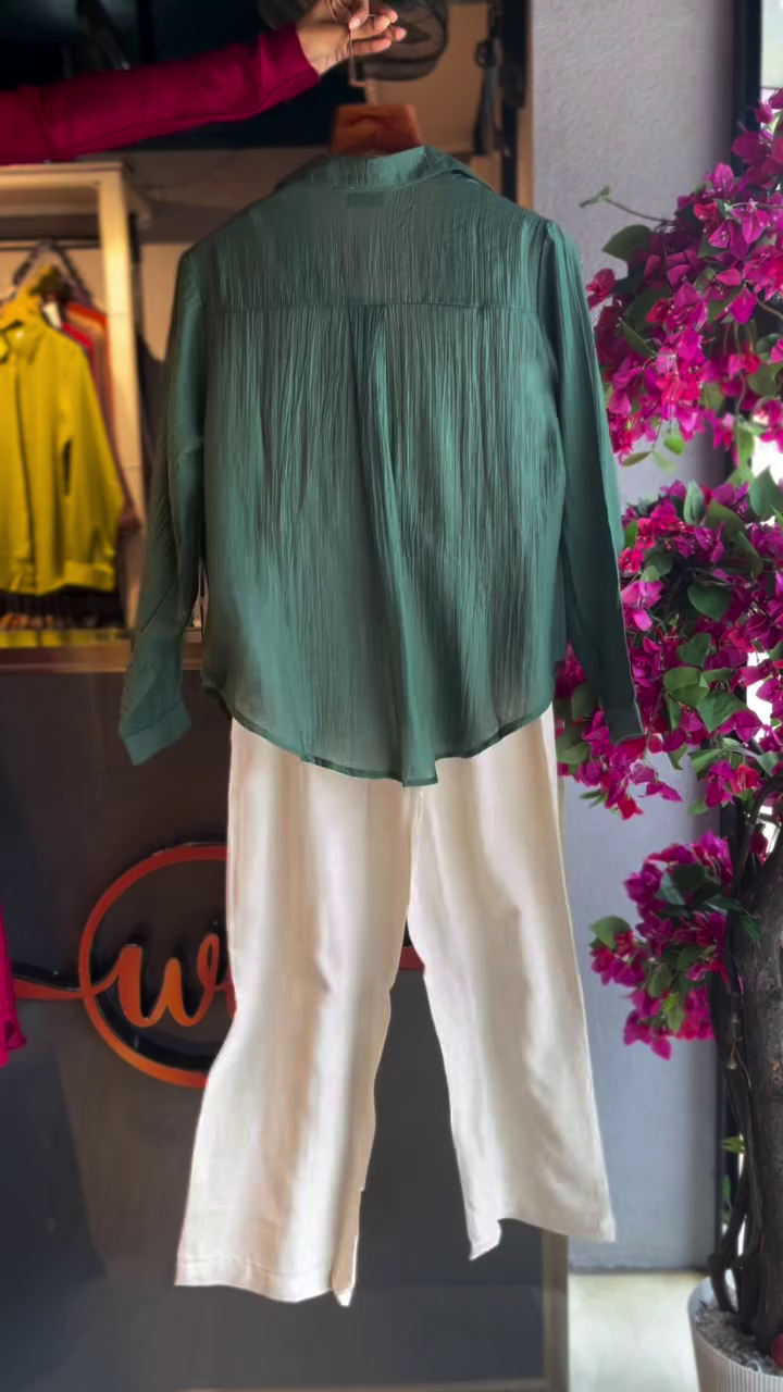 💚 Fresh & Stylish: Green Embroidered Button-Down Top with White Jumpsuit Co-Ord Set - Image 2