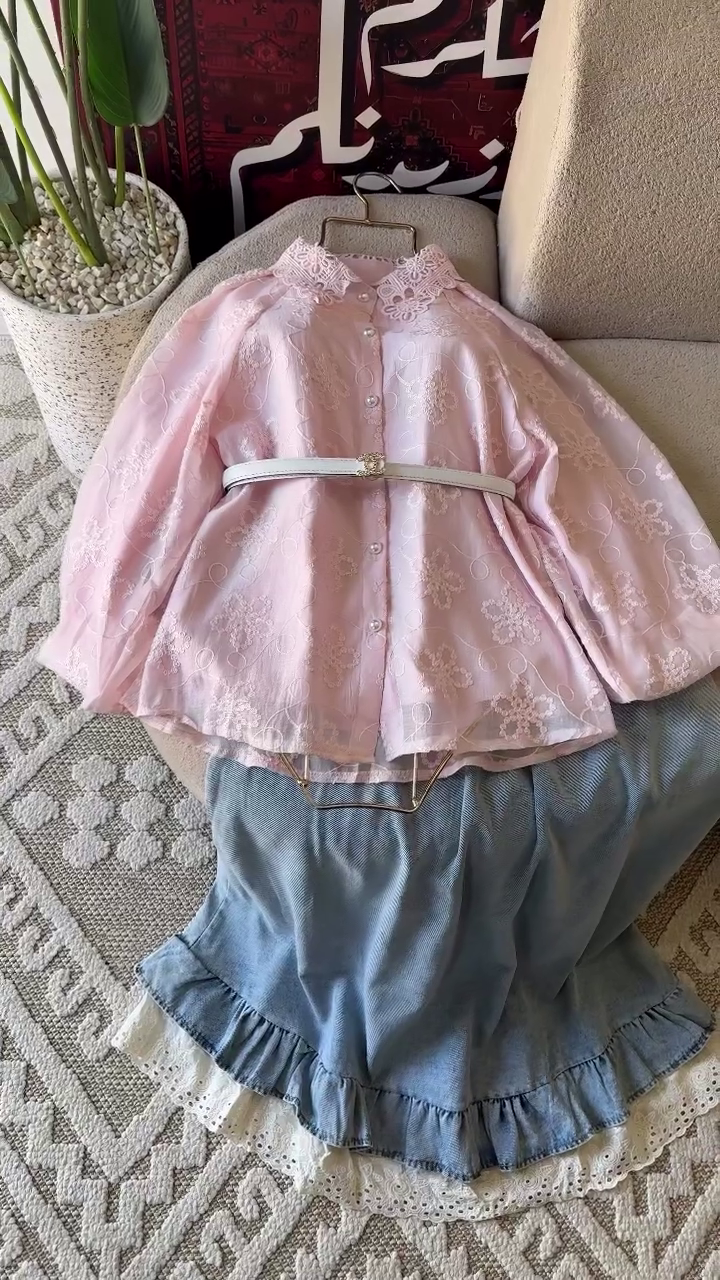 🌸 Embroidered Button-Down Shirt with Skirt – Feminine Elegance Meets Casual Charm ✨