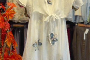 🌼 White Midi Dress with Blue Floral Embellishments – Feminine Charm Meets Modern Elegance ✨