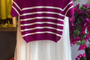💜 Purple & White Striped Short-Sleeve Knit Crop Top with Skirt – Playful & Chic Summer Look ☀️