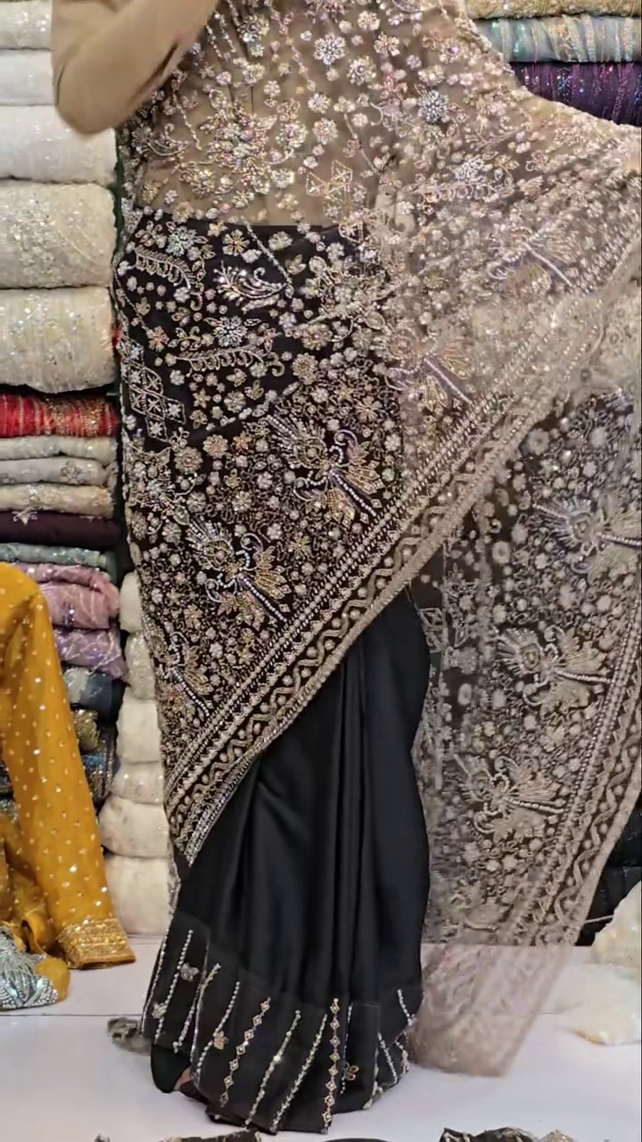 Midnight Glamour: Black Designer Saree with Intricate Embroidery and Sheer Sequin Drape - Image 2
