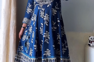 Elegant Navy Blue Cotton Angrakha Kurta Set with Handcrafted Floral Prints – Ethnic Charm Meets Comfort