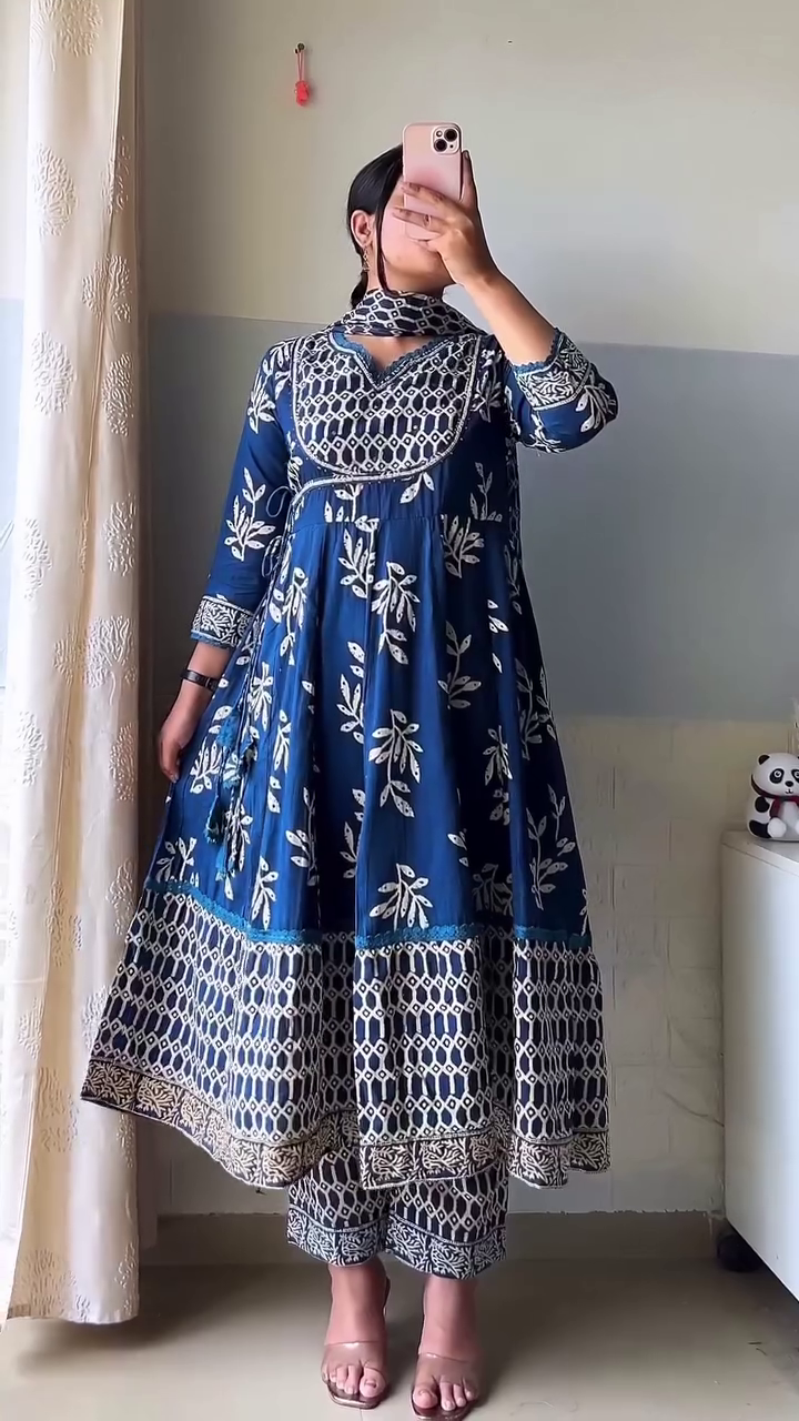 Elegant Navy Blue Cotton Angrakha Kurta Set with Handcrafted Floral Prints – Ethnic Charm Meets Comfort