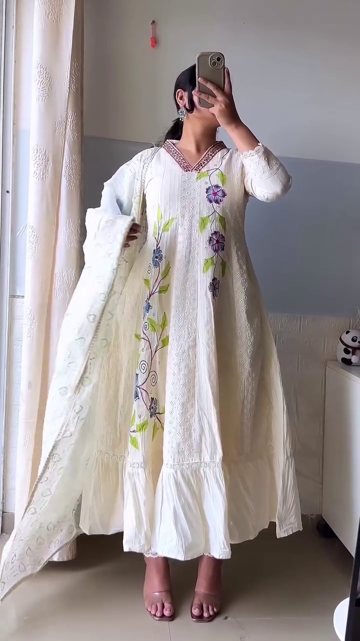 Elegant Navy Blue Cotton Angrakha Kurta Set with Handcrafted Floral Prints – Ethnic Charm Meets Comfort - Image 4