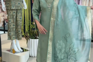 Elegant Green Chanderi Cotton Kurta Set with Printed Palazzo & Floral Dupatta – Ethnic Charm Redefined