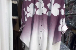 Purple & White Floral Print Button-Down Tunic Co-Ord Set – Elegant Two-Piece Style