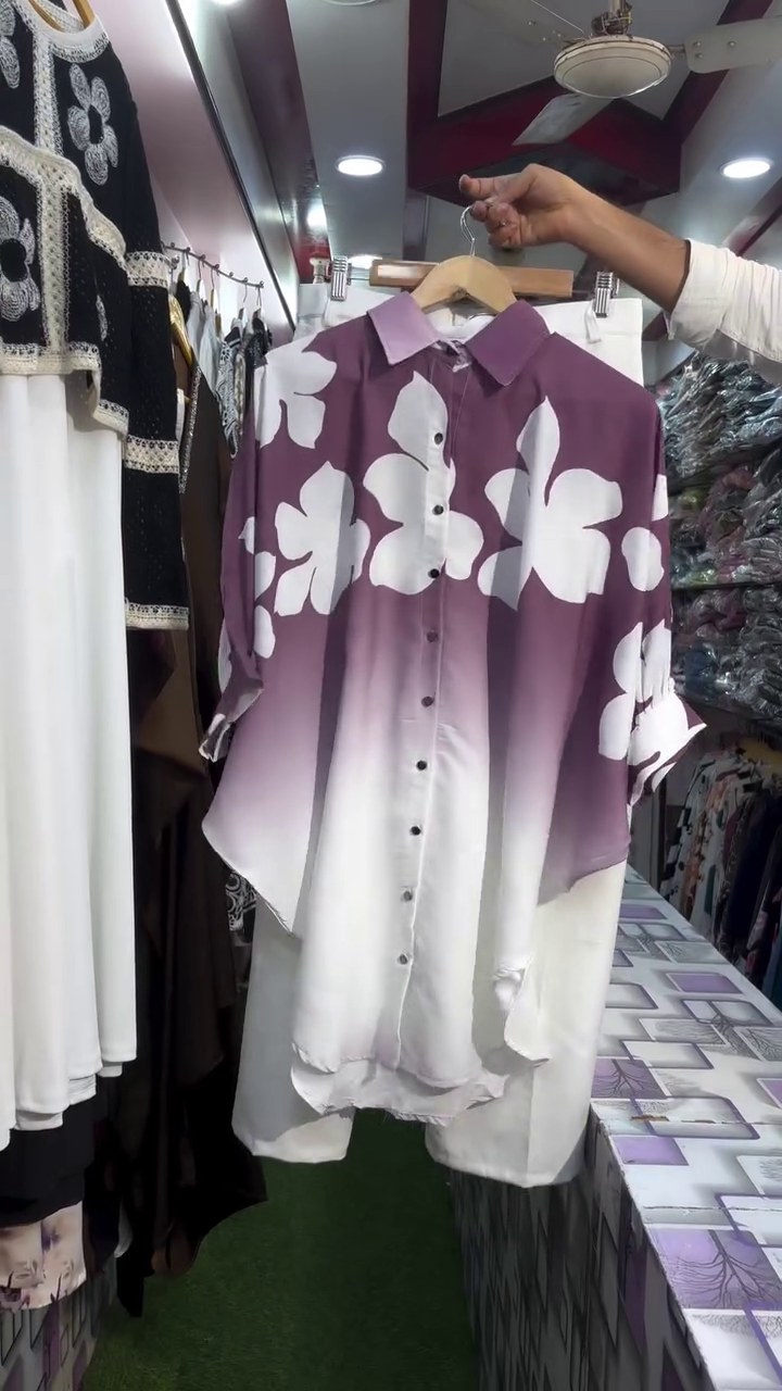 Purple & White Floral Print Button-Down Tunic Co-Ord Set – Elegant Two-Piece Style
