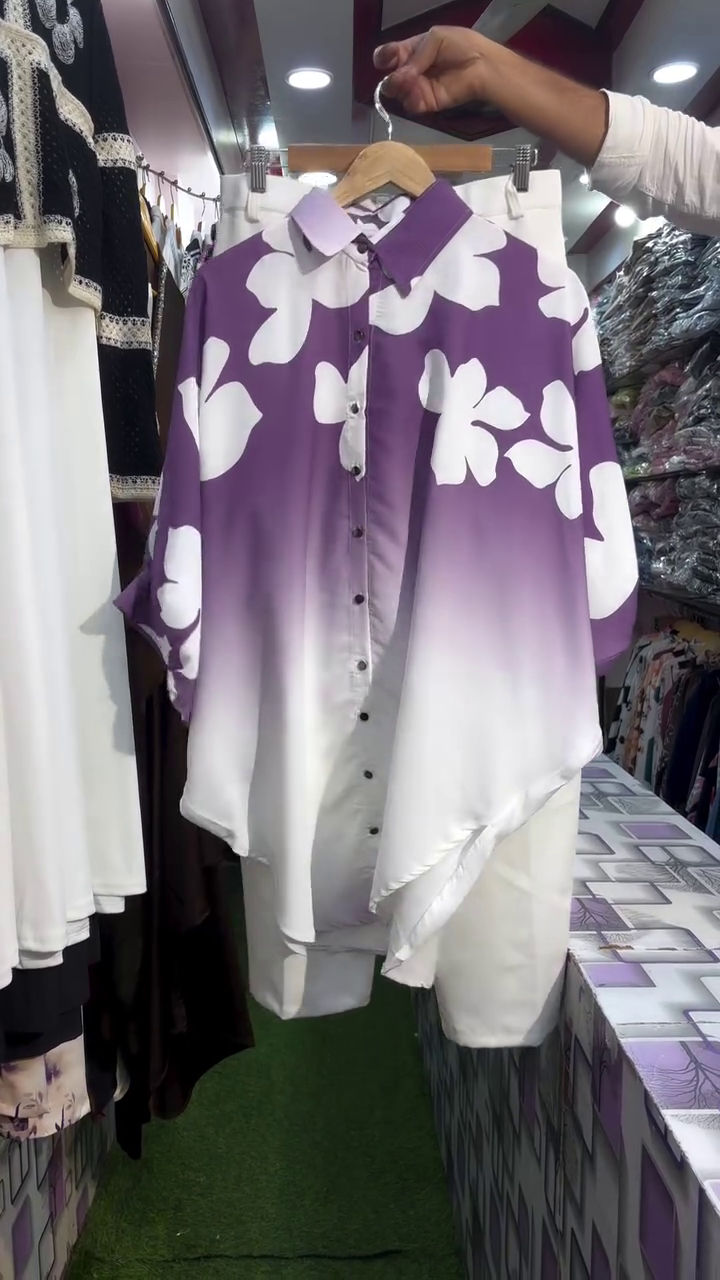 Purple & White Floral Print Button-Down Tunic Co-Ord Set – Elegant Two-Piece Style - Image 5