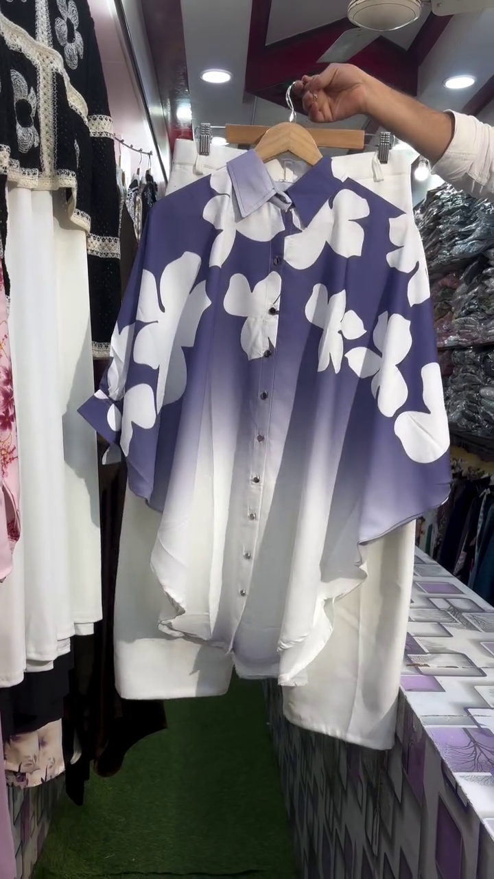 Purple & White Floral Print Button-Down Tunic Co-Ord Set – Elegant Two-Piece Style - Image 4