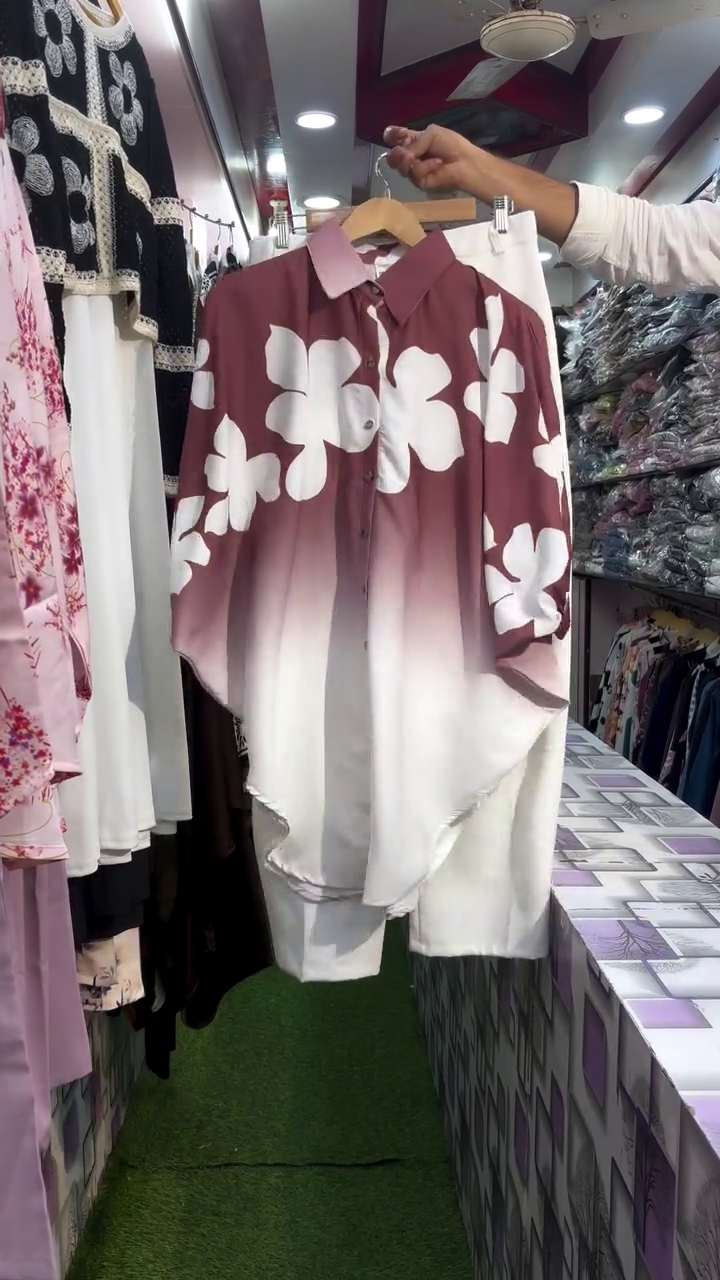 Purple & White Floral Print Button-Down Tunic Co-Ord Set – Elegant Two-Piece Style - Image 3