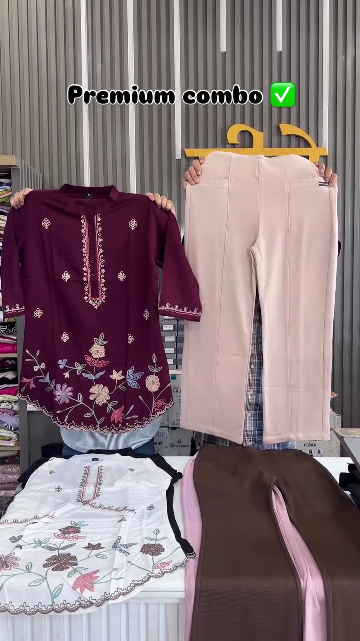 Dark Green Tunic with Pink Floral Embroidery & White Trousers – Elegant Ethnic Co-Ord Set - Image 4