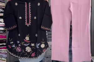 Dark Green Tunic with Pink Floral Embroidery & White Trousers – Elegant Ethnic Co-Ord Set