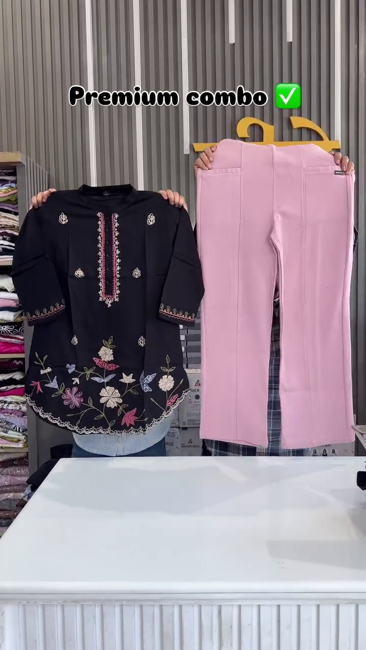 Dark Green Tunic with Pink Floral Embroidery & White Trousers – Elegant Ethnic Co-Ord Set