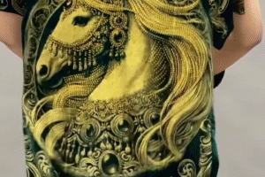 🐎✨ Regal Style Redefined: Dark Green Tee with Ornate Golden Horse Motif