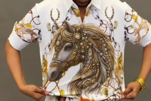 🐎✨ Bold Elegance: White Shirt with Striking Gold Horse Head Graphic
