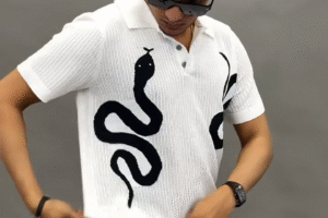 ⚪ Bold White Knit Polo with Statement Snake Design – Modern Street Luxe