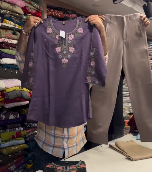 Elegant Embroidered Kurti with Beige Trousers – Timeless Ethnic Fusion Wear for Women - Image 2